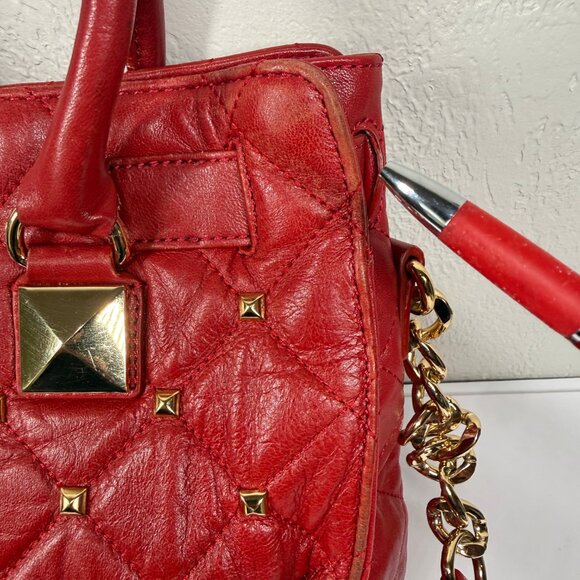 Michael Kors Hamilton Large Studded North South Tote Red Leather Gold Hardware - Picture 8 of 13
